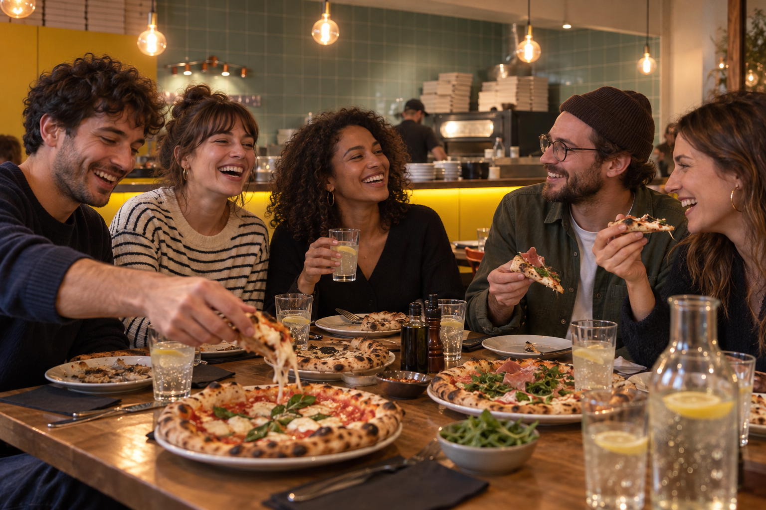 Concept d’ambiance créé par IA : des amis partagent des pizzas dans un décor inspiré du Tchap